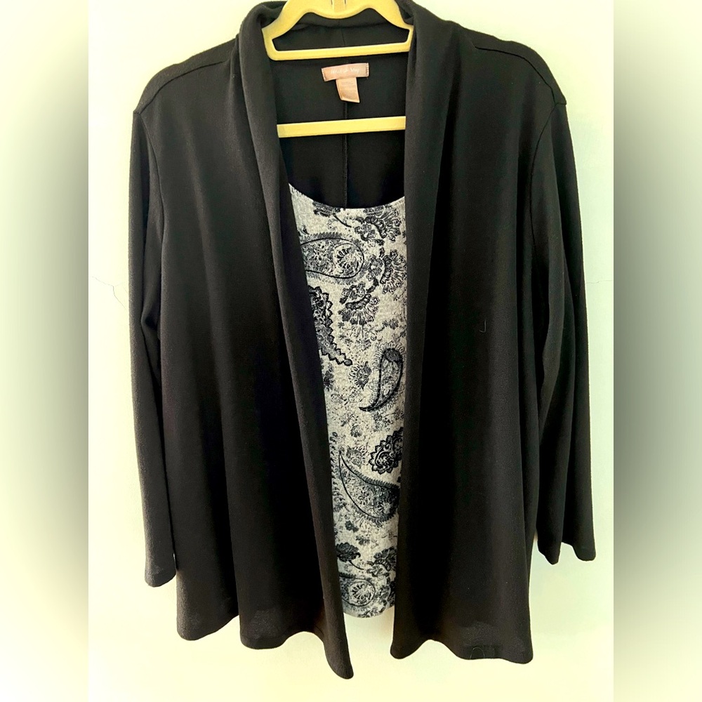 2X 18W-20W Black Open Cardigan W/Paisley Gray & Black Insert White Stag EUC